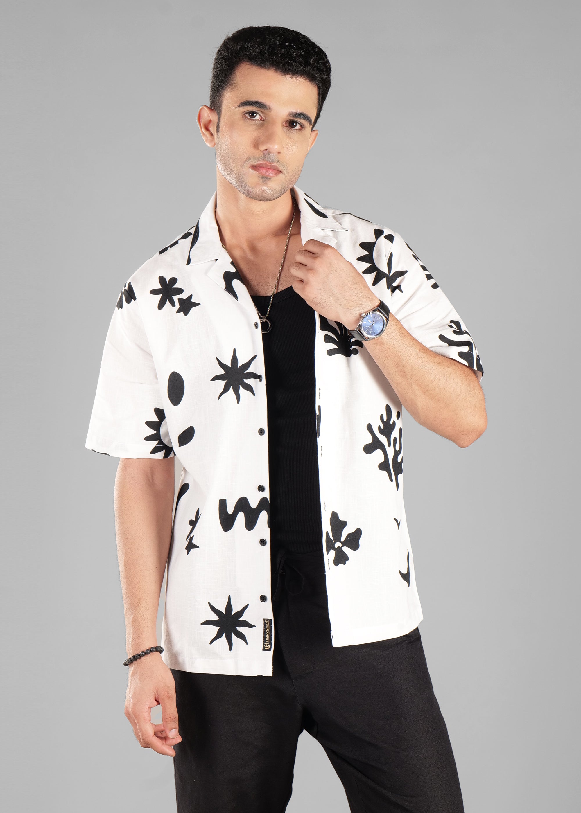 Black and White Printed Cuban Collar Shirt for Men