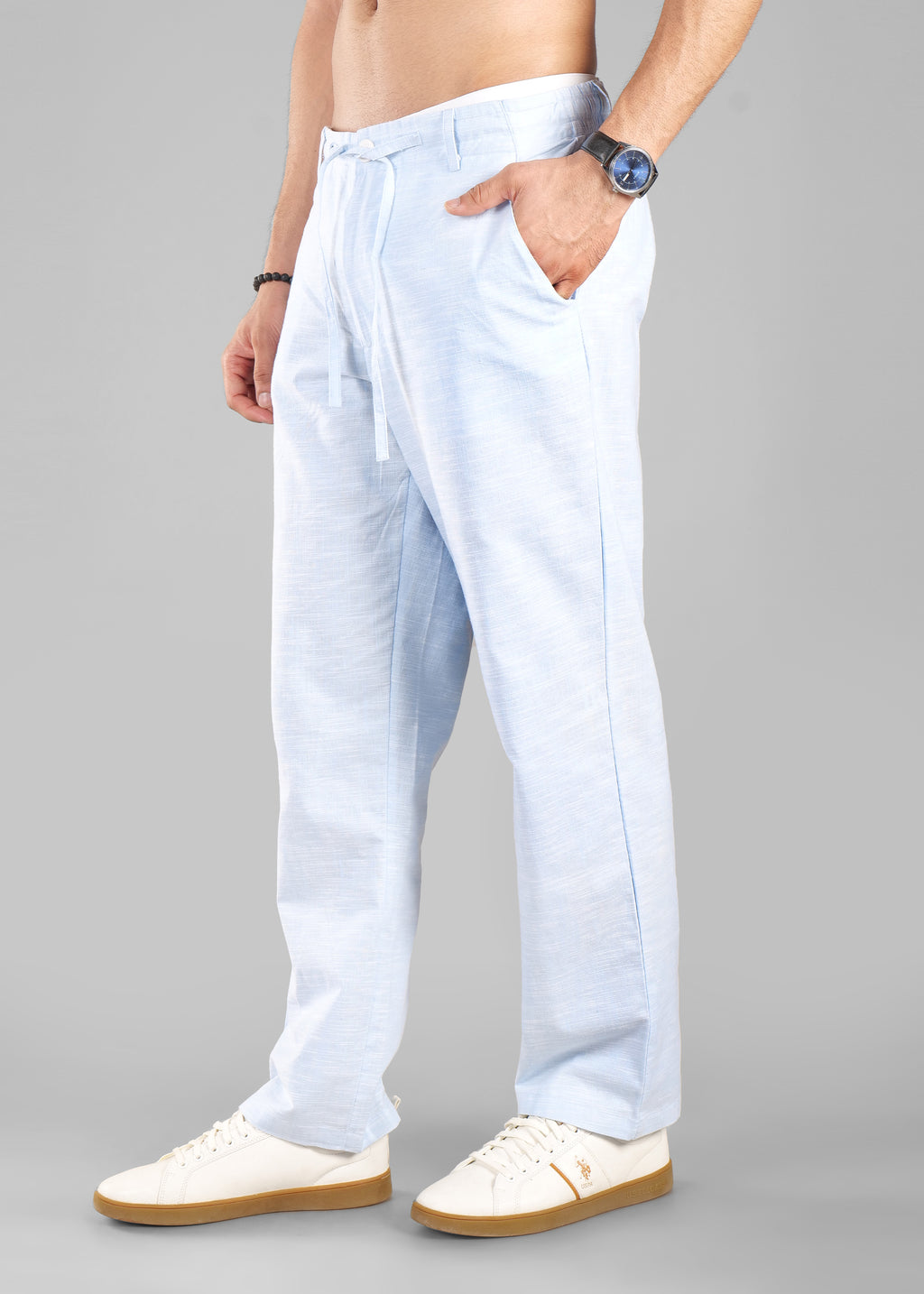 Sky Blue Linen-Blend Relaxed Pants | Unhynged