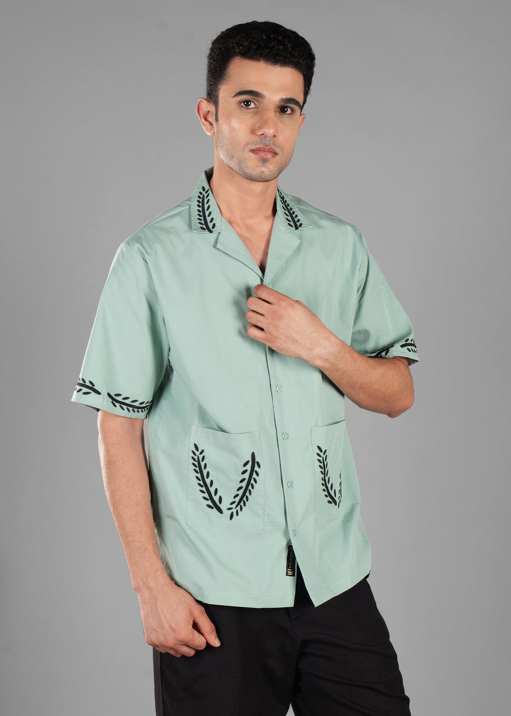 Turkish Green Embroidered Cotton Shirt for Men