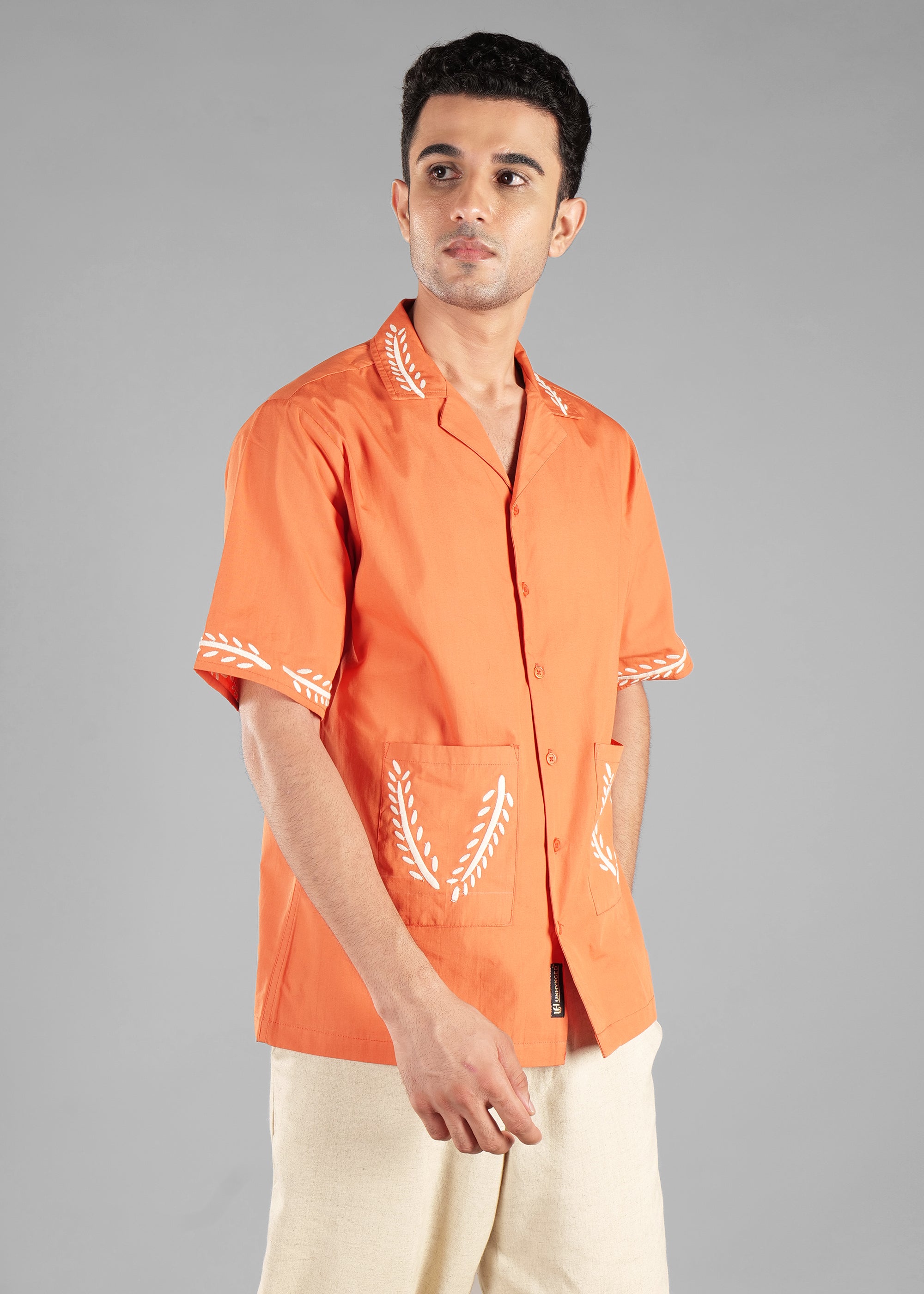Burnt Orange Embroidered Cotton Shirt for Men