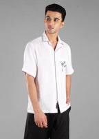White Embroidered Cuban Collar Shirt for Men