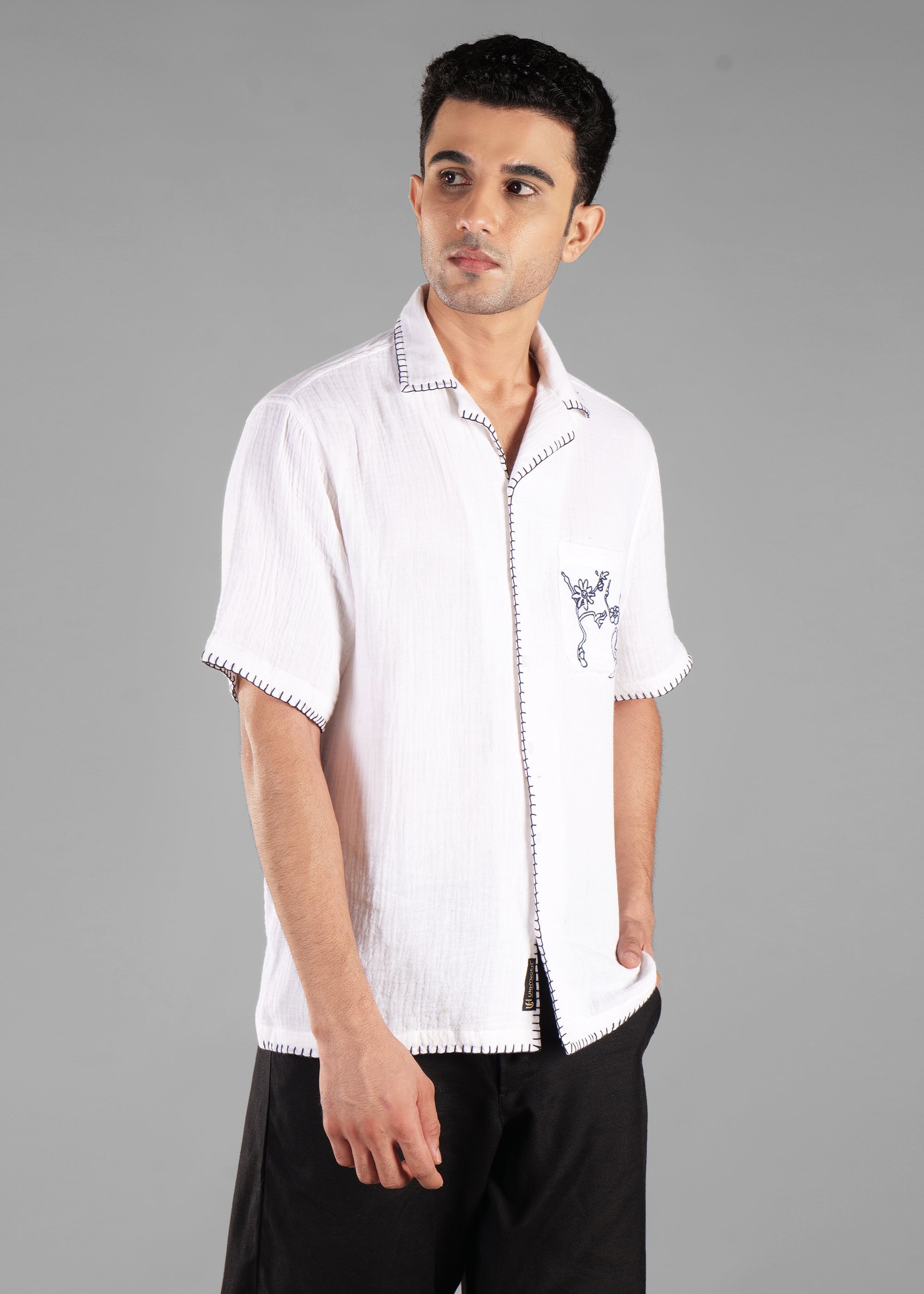 White Embroidered Cuban Collar Shirt for Men