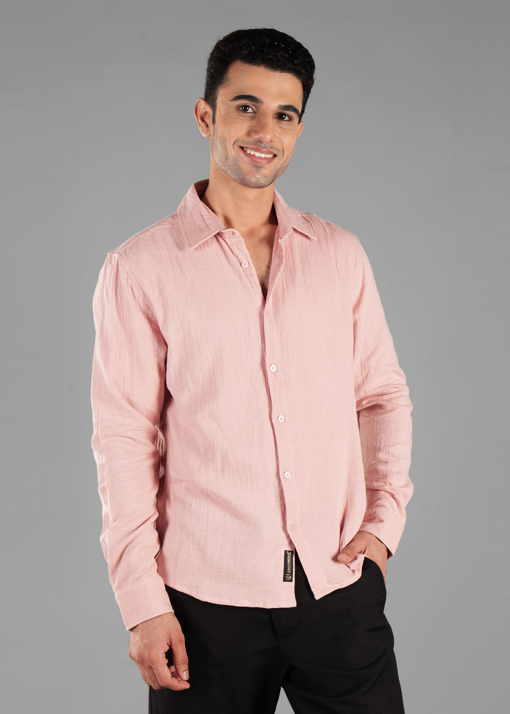 Rosy Brown (Blush Pink) Long Sleeve Crinkled Cotton Shirt for Men