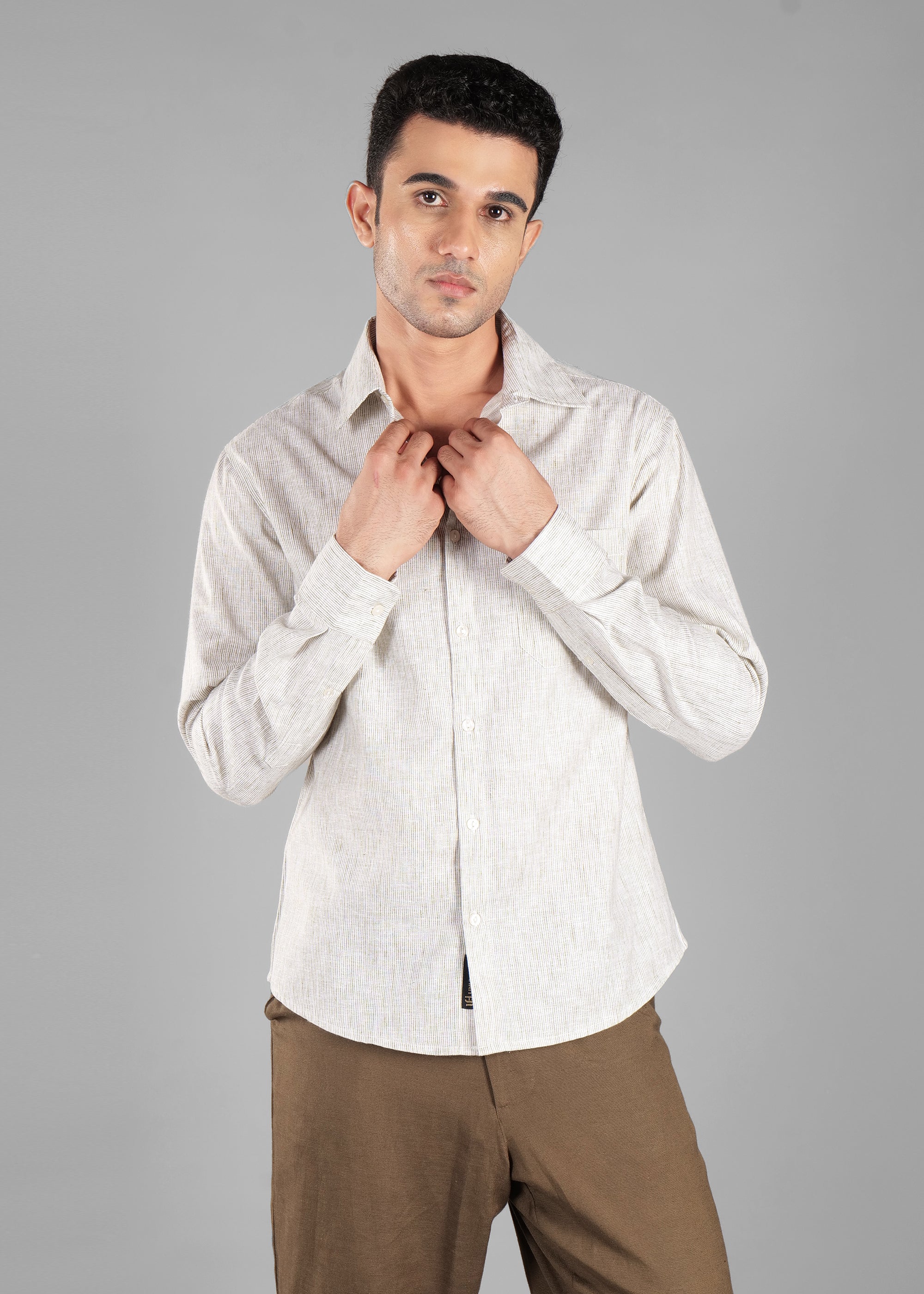 Olive Linen-Blend Striped Shirt for Men