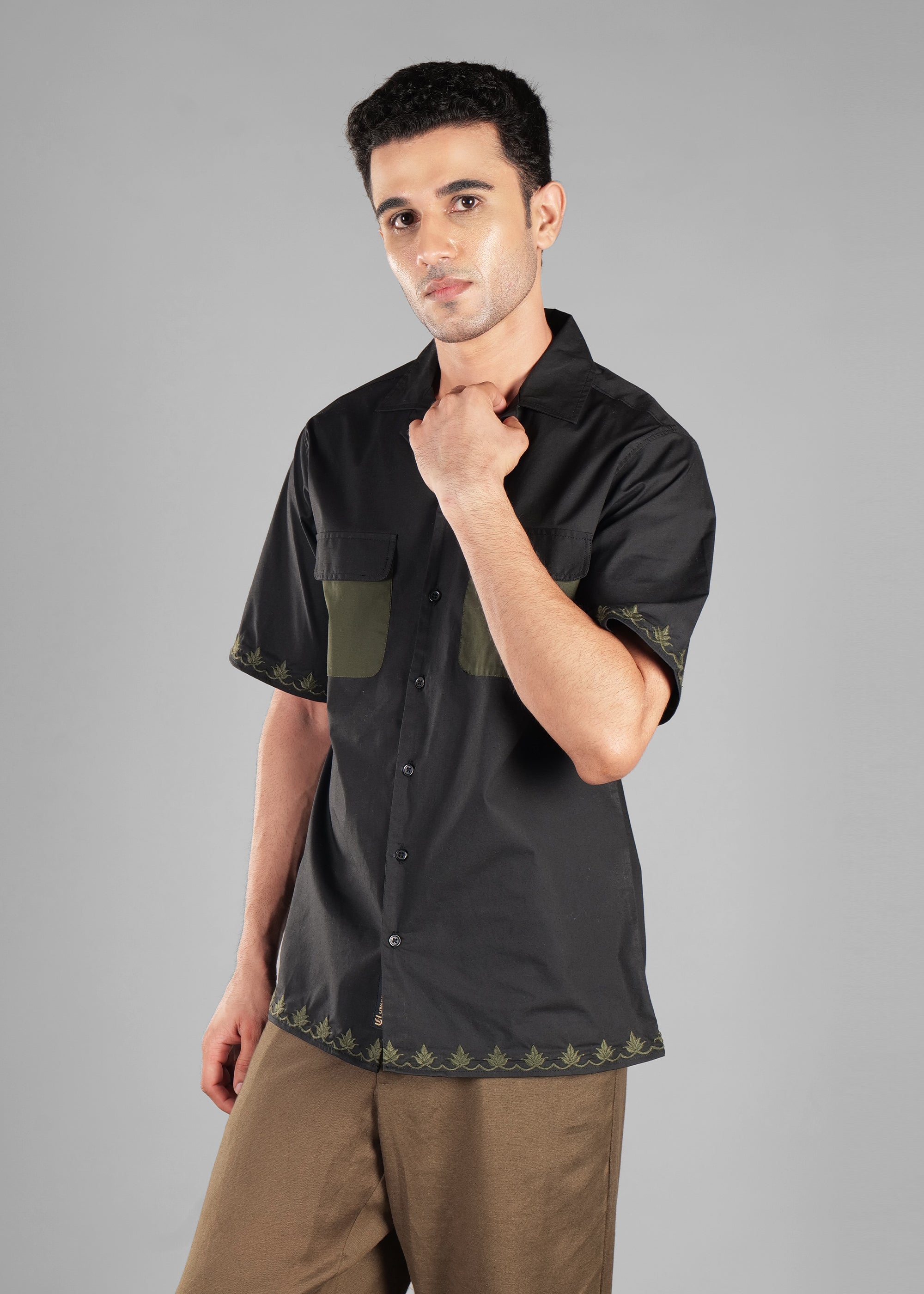 Noir Olive Dual Pocket Cotton Shirt for Men