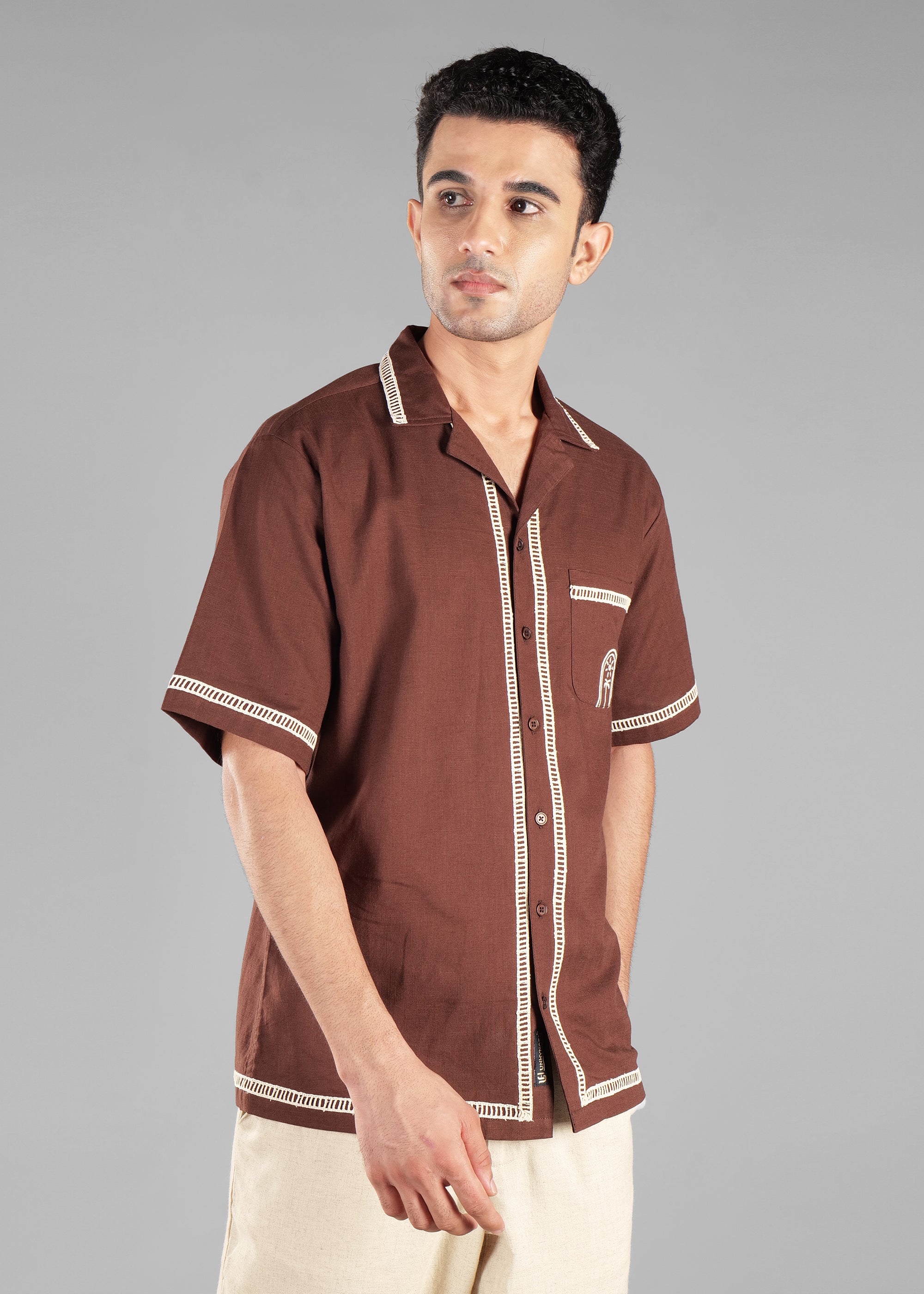 Coffee Bean Embroidered Cuban Collar Shirt for Men