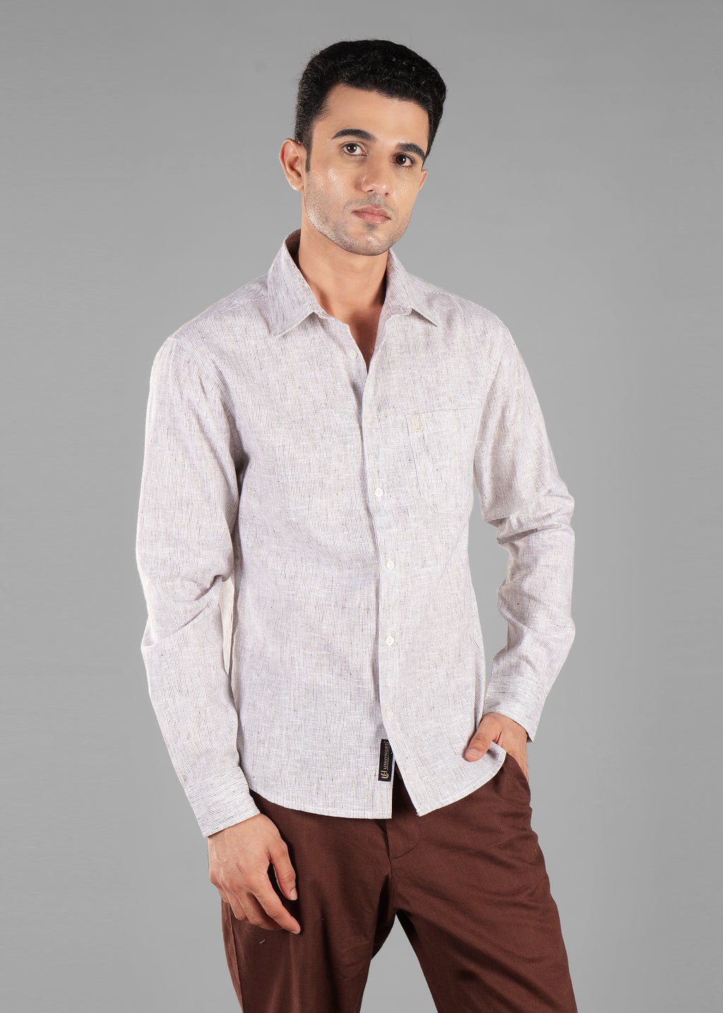 Brown Linen-Blend Striped Shirt for Men