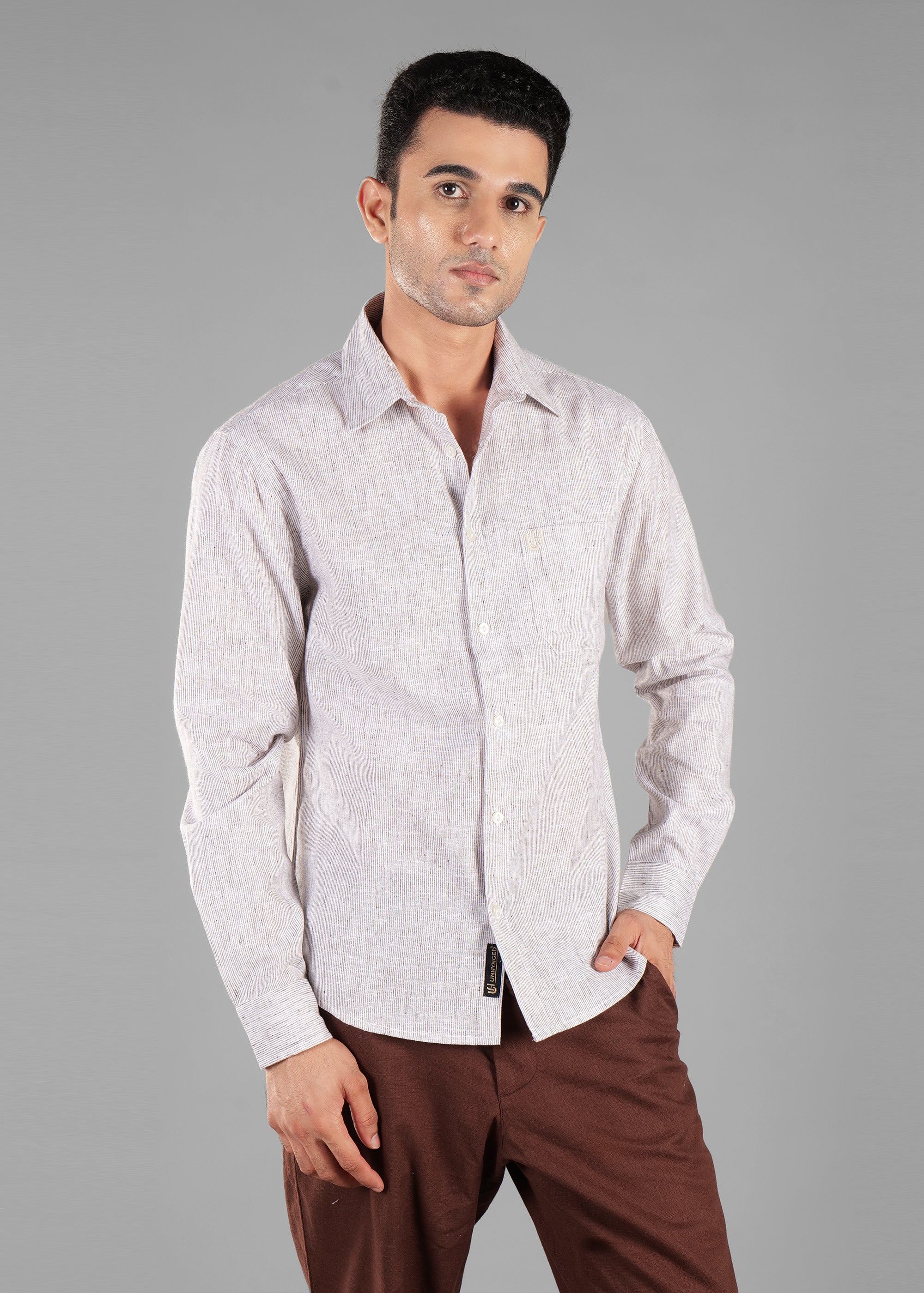 Brown Linen-Blend Striped Shirt for Men