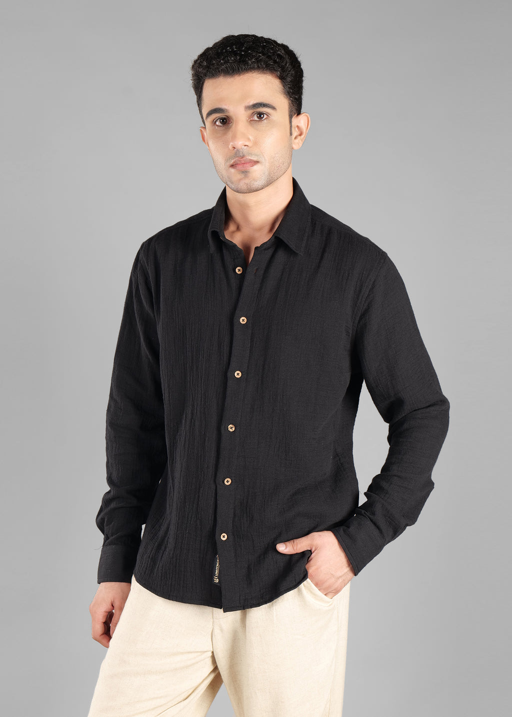Black Long Sleeve Crinkled Cotton Shirt for Men