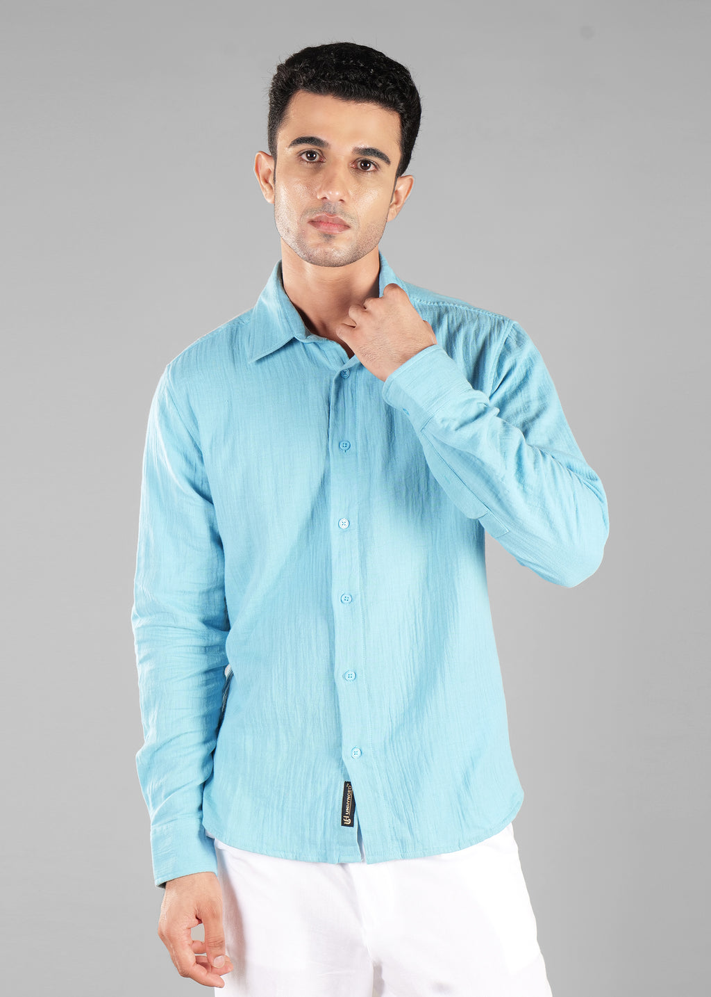 Soft Chambray Long Sleeve Crinkled Cotton Shirt for Men