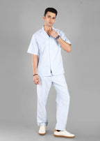 Sky Blue Linen-Blend Cuban Collar Co-ord Set for Men | Unhynged
