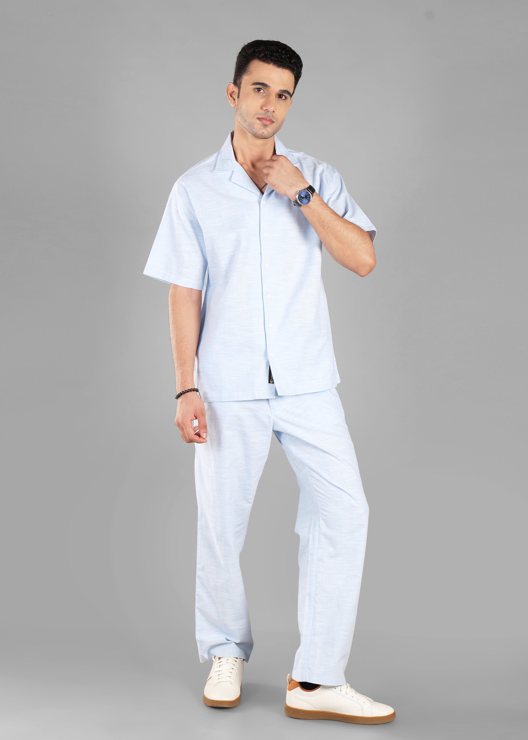 Sky Blue Linen-Blend Cuban Collar Co-ord Set for Men | Unhynged