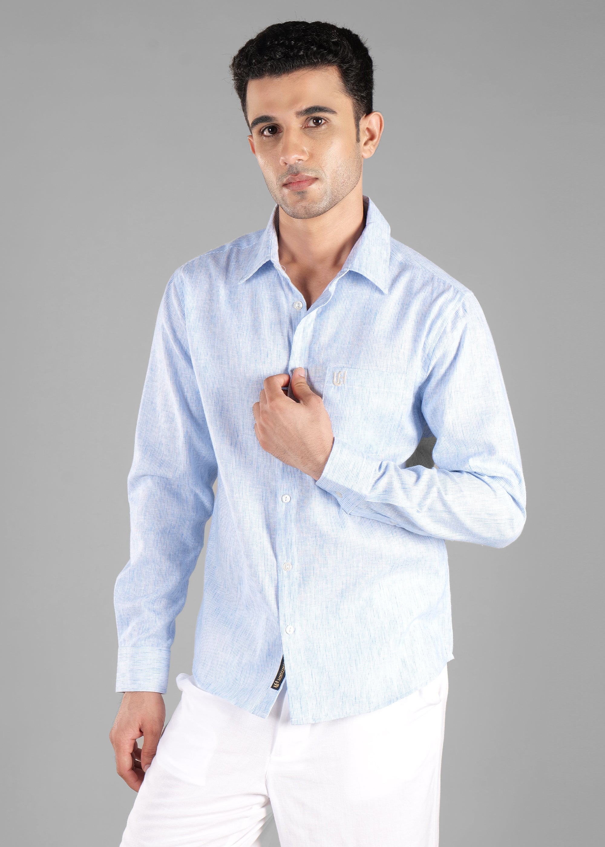 Blue Linen-Blend Striped Shirt for Men