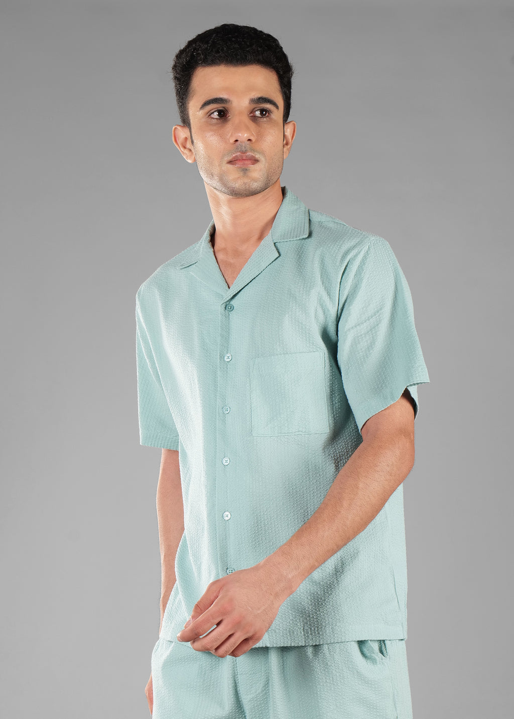 Granite Green Seersucker Textured Cuban Collar Shirt for Men