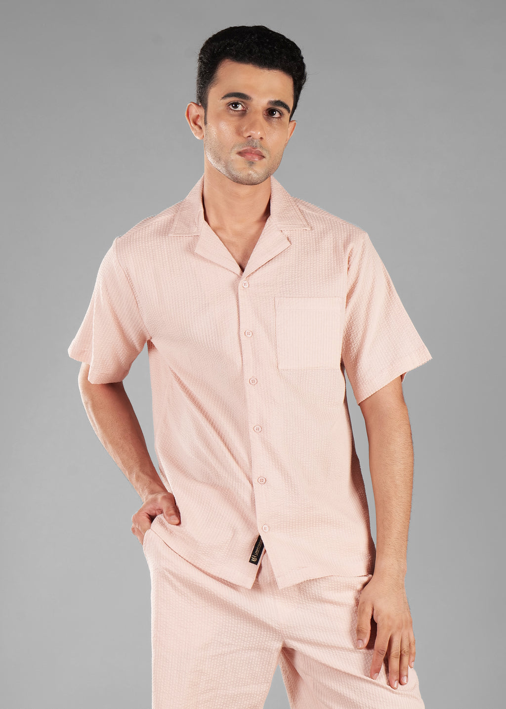 Rosy Brown Seersucker Textured Cuban Collar Shirt for Men