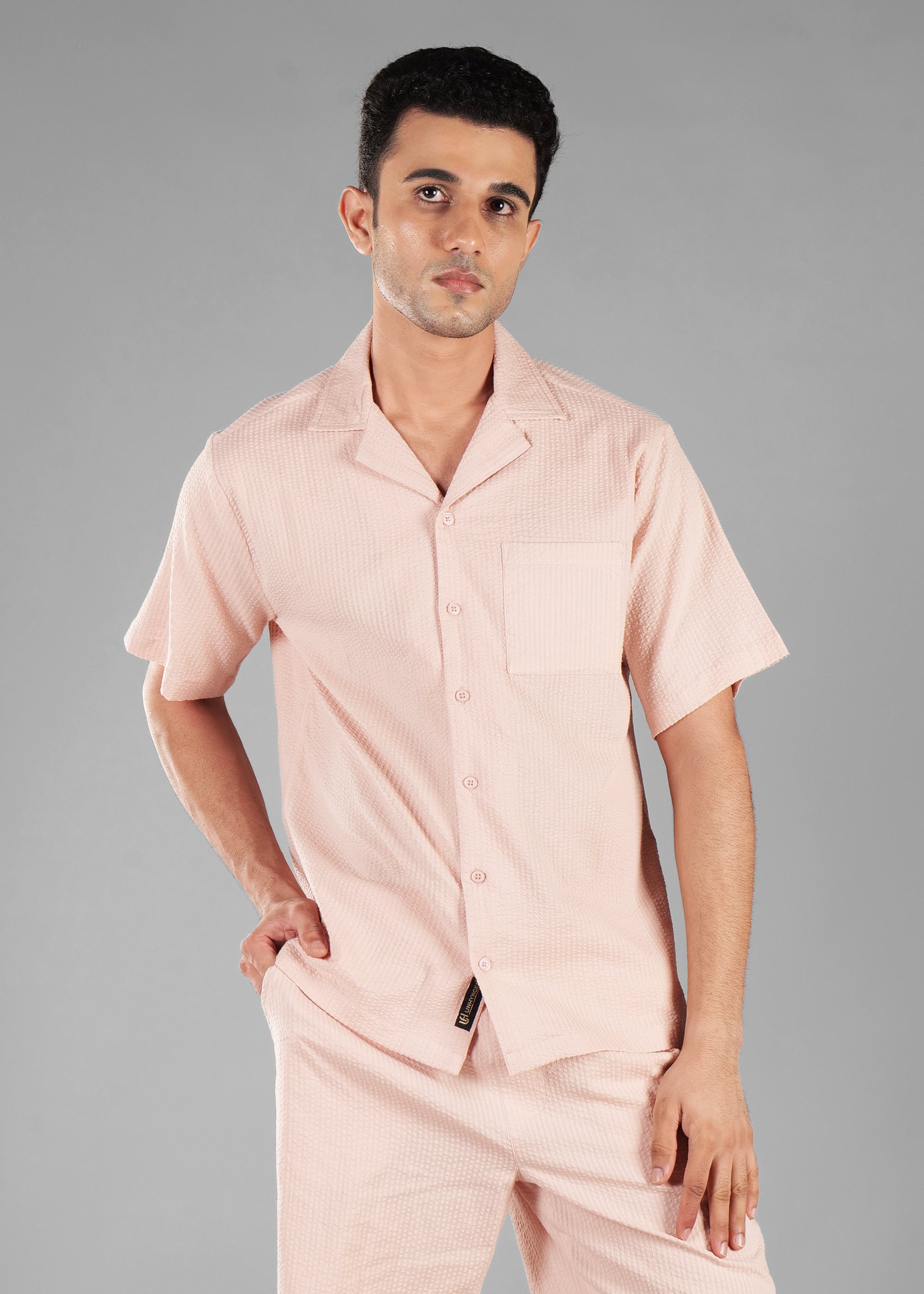 Rosy Brown Seersucker Textured Cuban Collar Shirt for Men