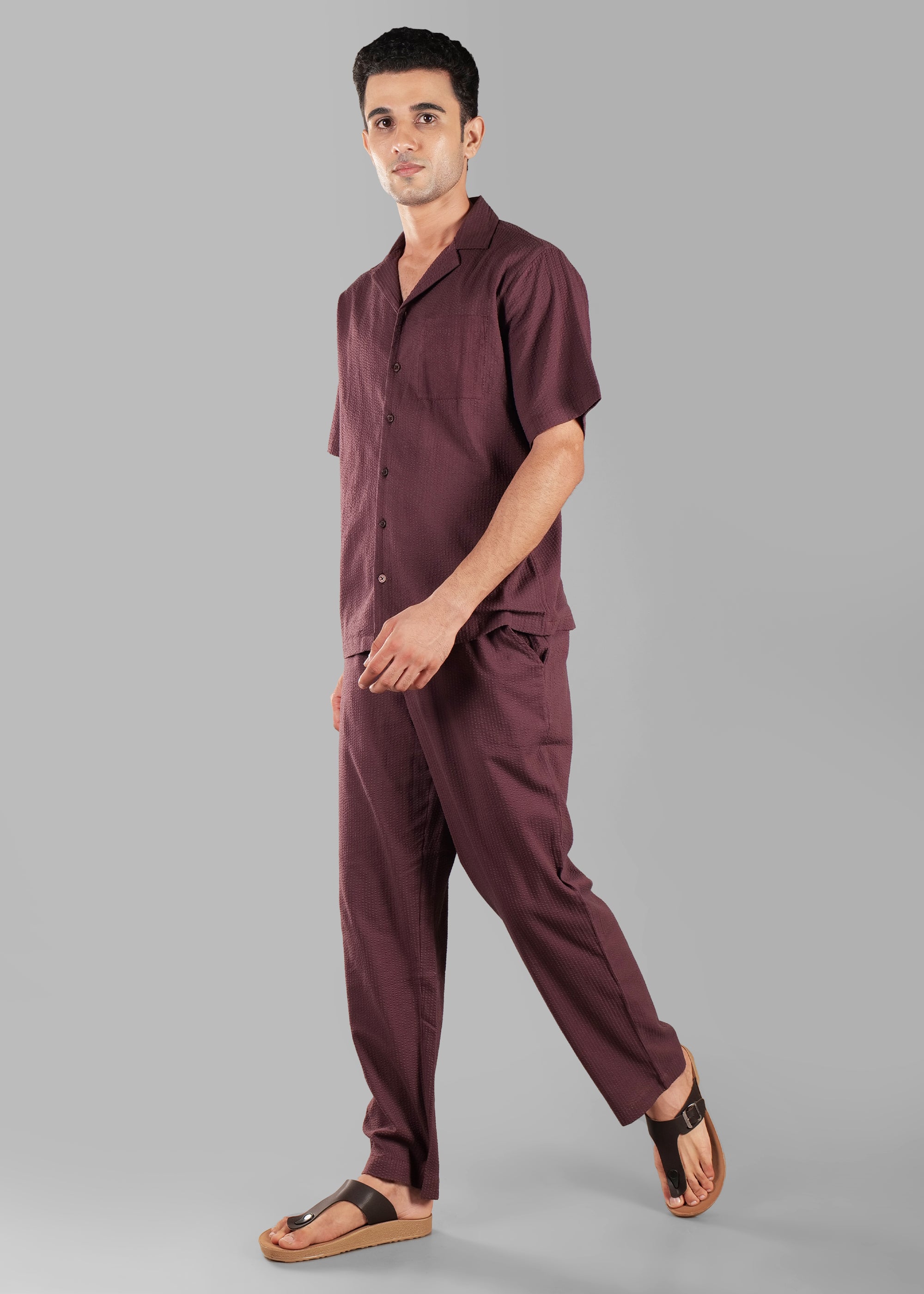 Coffee Bean Textured Cuban Collar Co-ord Set for Men | Stay Unhynged