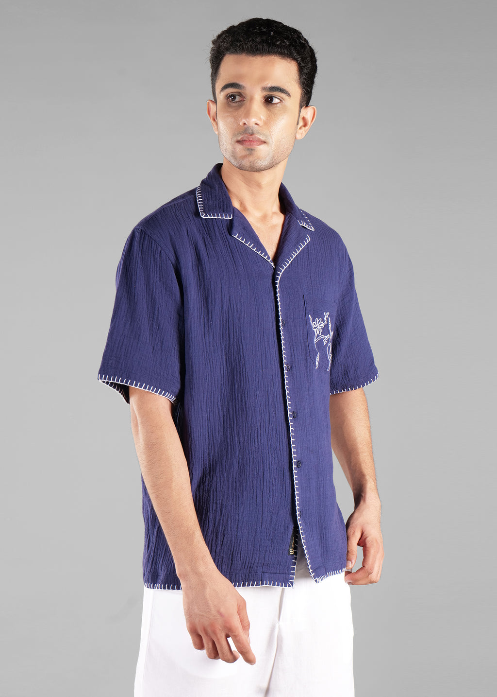 Navy Embroidered Cuban Collar Shirt for Men