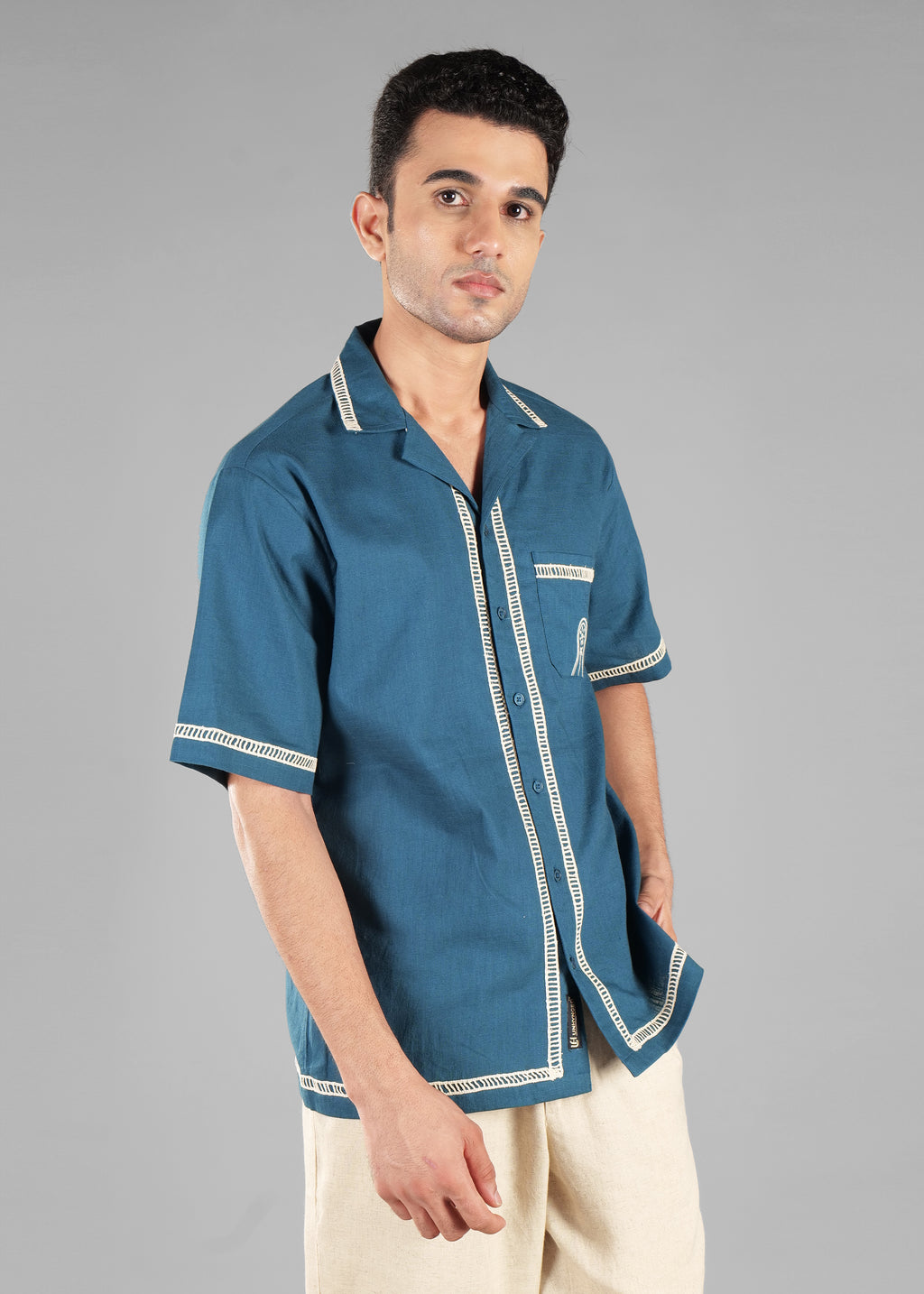 Harbour Blue Embroidered Cuban Collar Shirt for Men