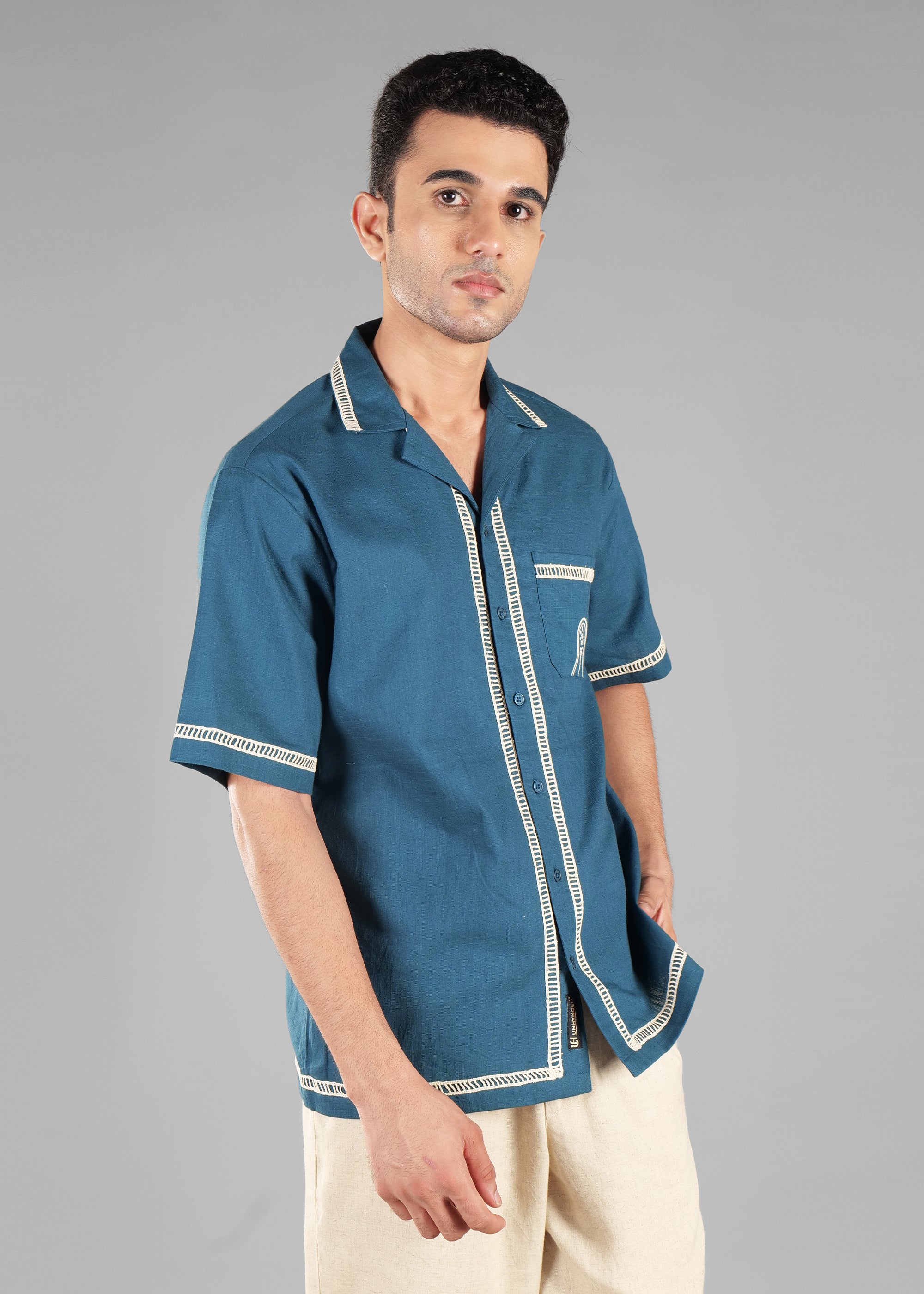 Harbour Blue Embroidered Cuban Collar Shirt for Men