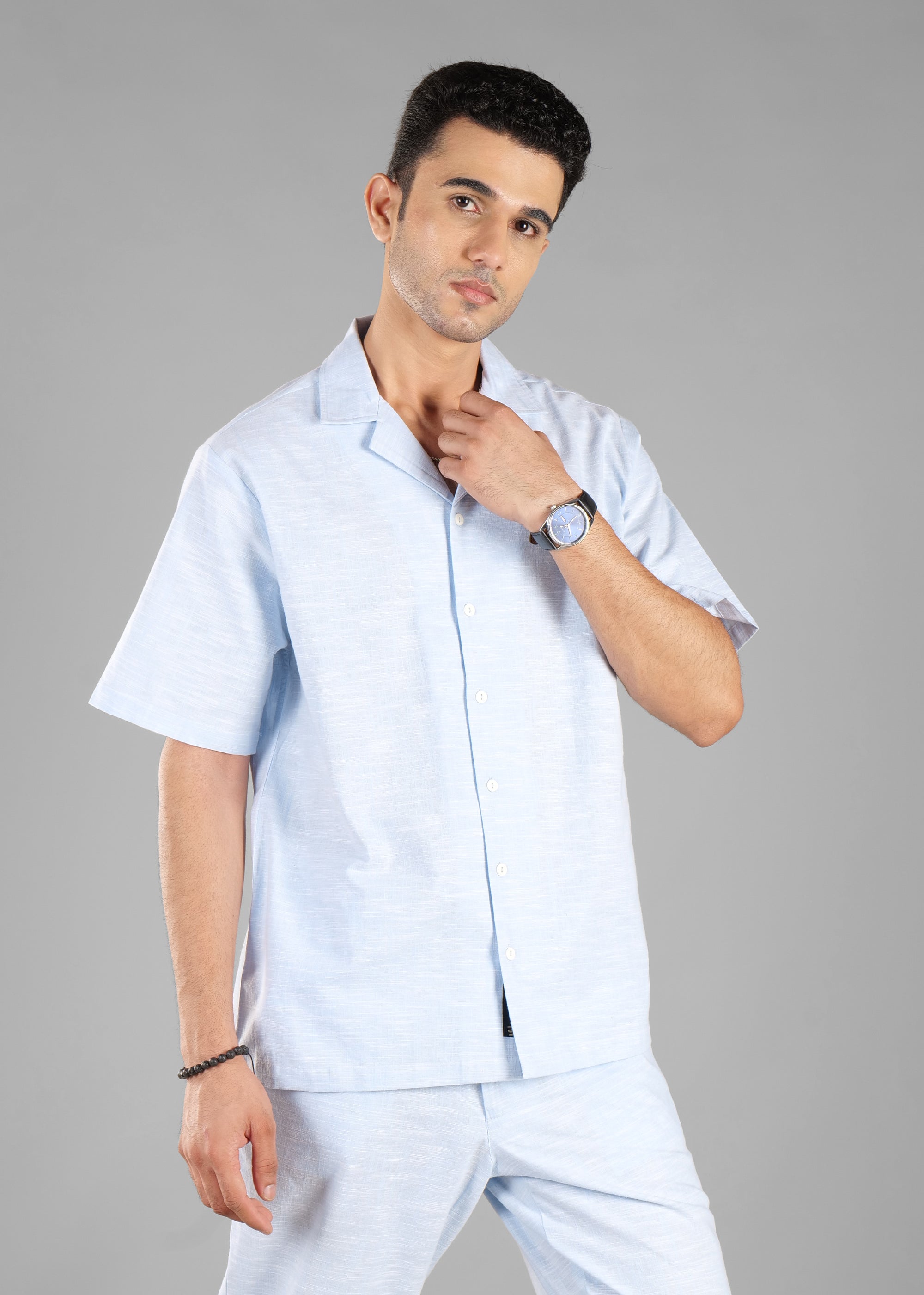 Sky Blue Cuban Collar Shirt for Men