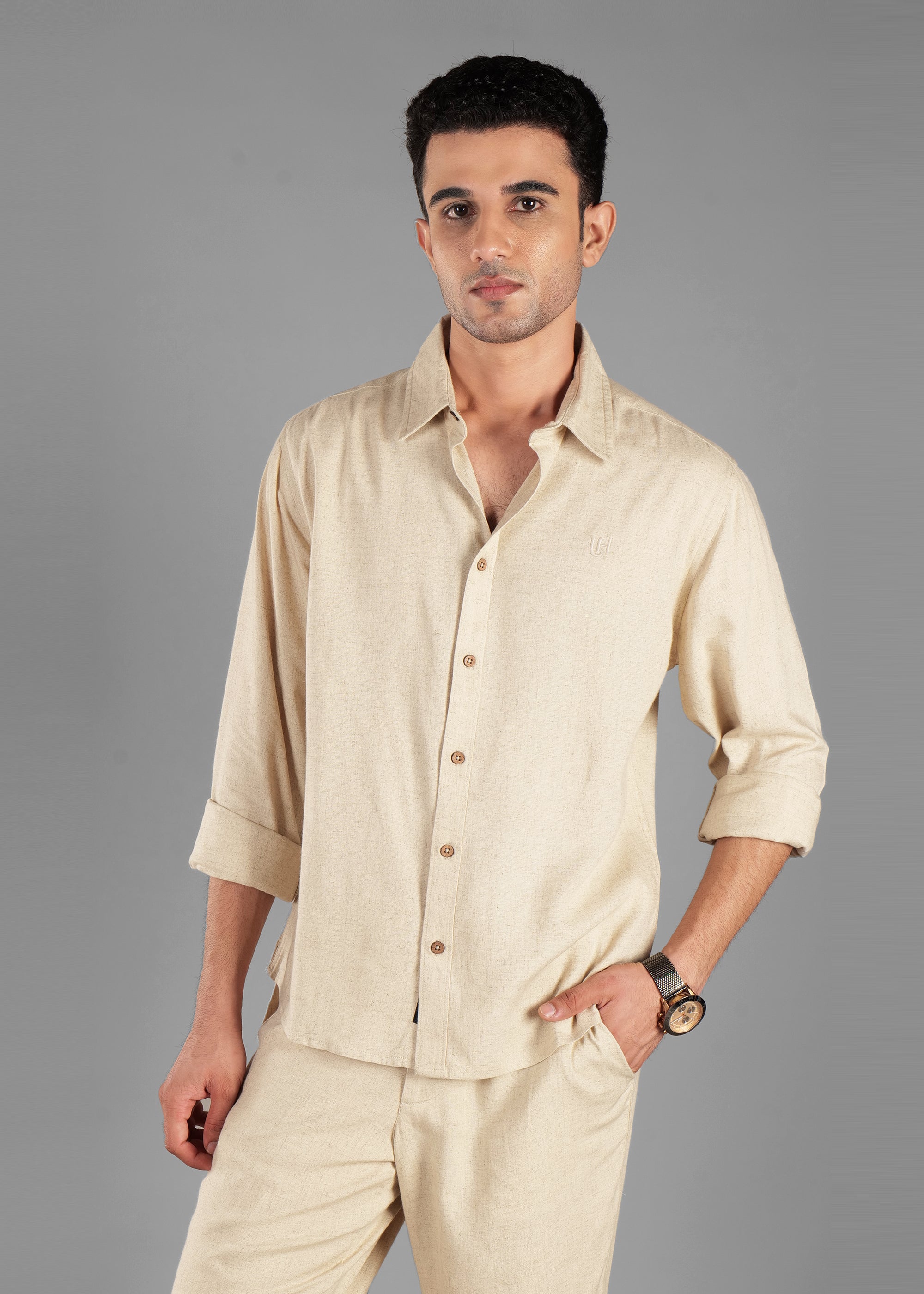 Beige Linen-Blend Classic Shirt for Men | Light weight Long Sleeve
