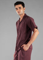 Coffee Bean Seersucker Textured Cuban Collar Shirt for Men