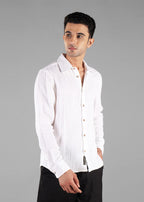 White Long Sleeve Crinkled Cotton Shirt for Men