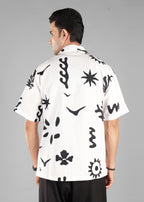 Black and White Printed Cuban Collar Shirt for Men