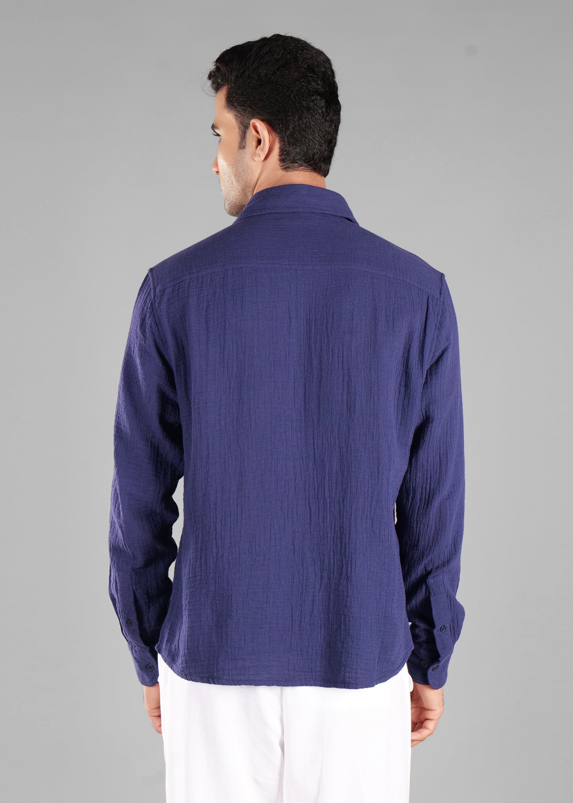 Navy Long Sleeve Crinkled Cotton Shirt for Men