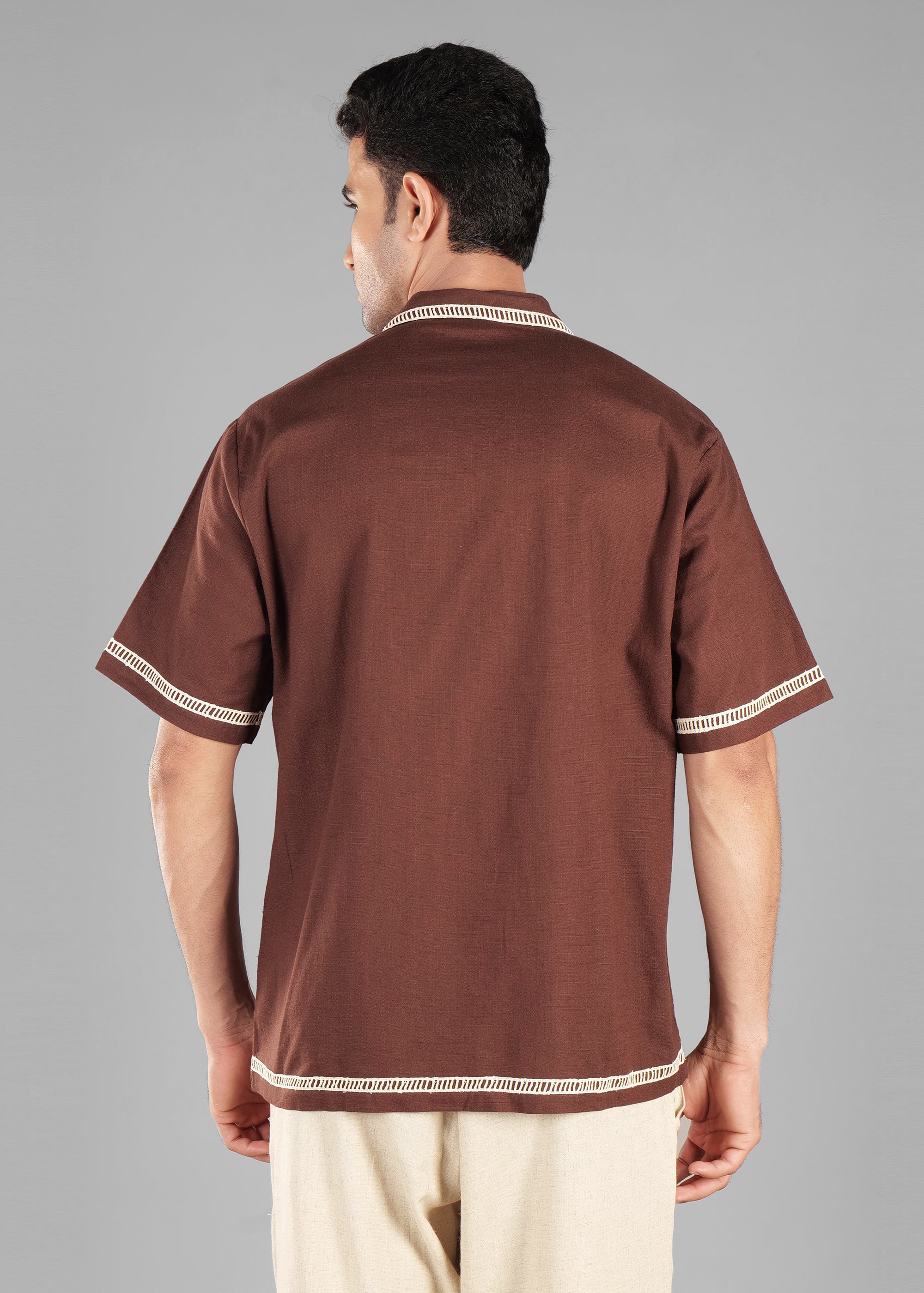 Coffee Bean Embroidered Cuban Collar Shirt for Men