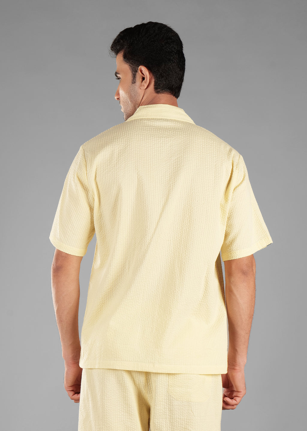 Butter Yellow Seersucker Textured Cuban Collar Shirt for Men
