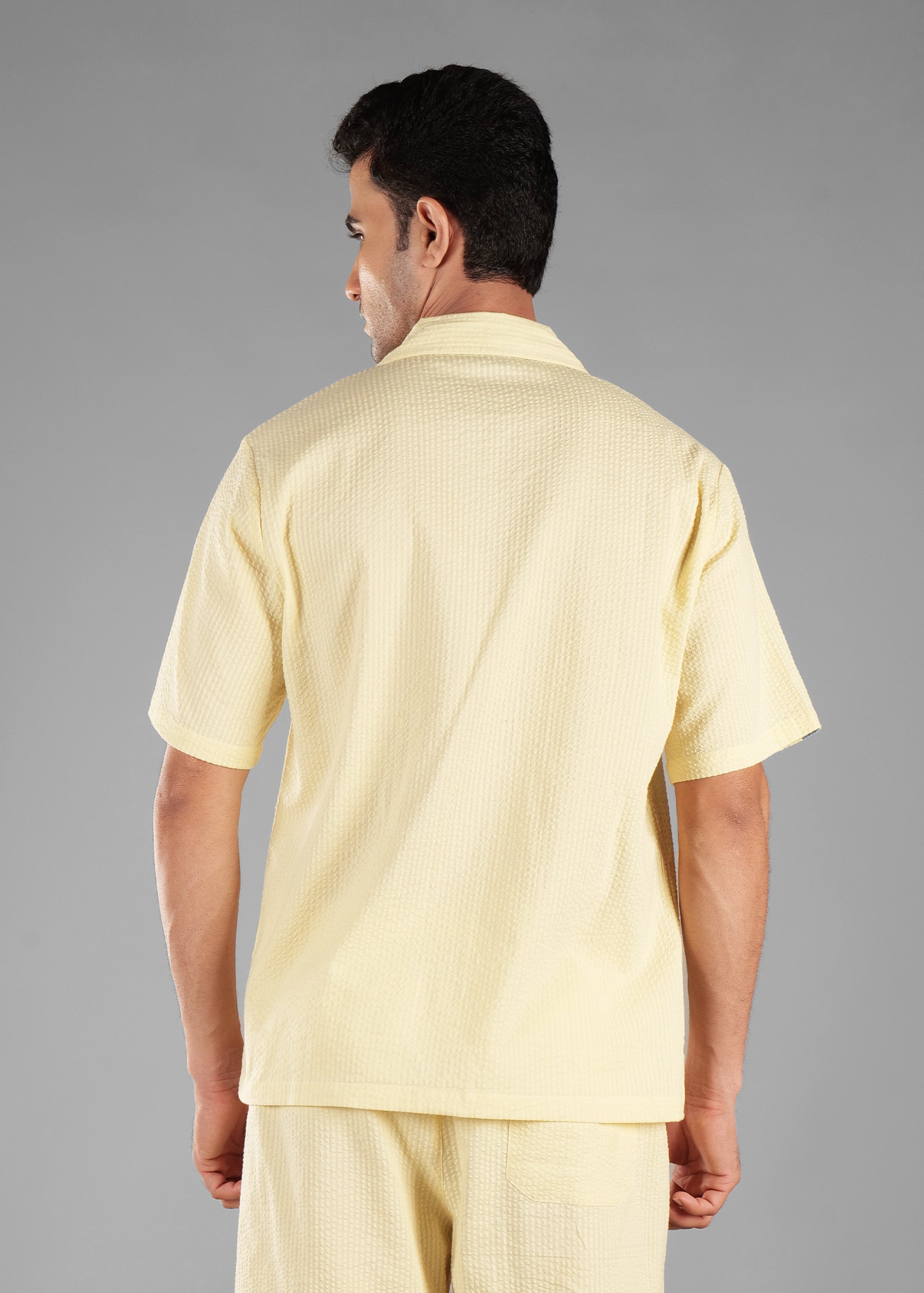 Butter Yellow Seersucker Textured Cuban Collar Shirt for Men
