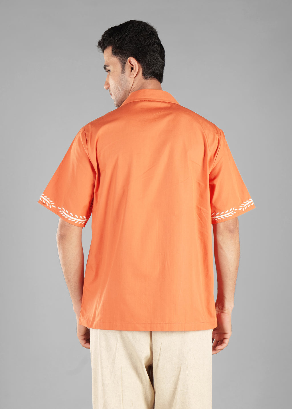 Burnt Orange Embroidered Cotton Shirt for Men