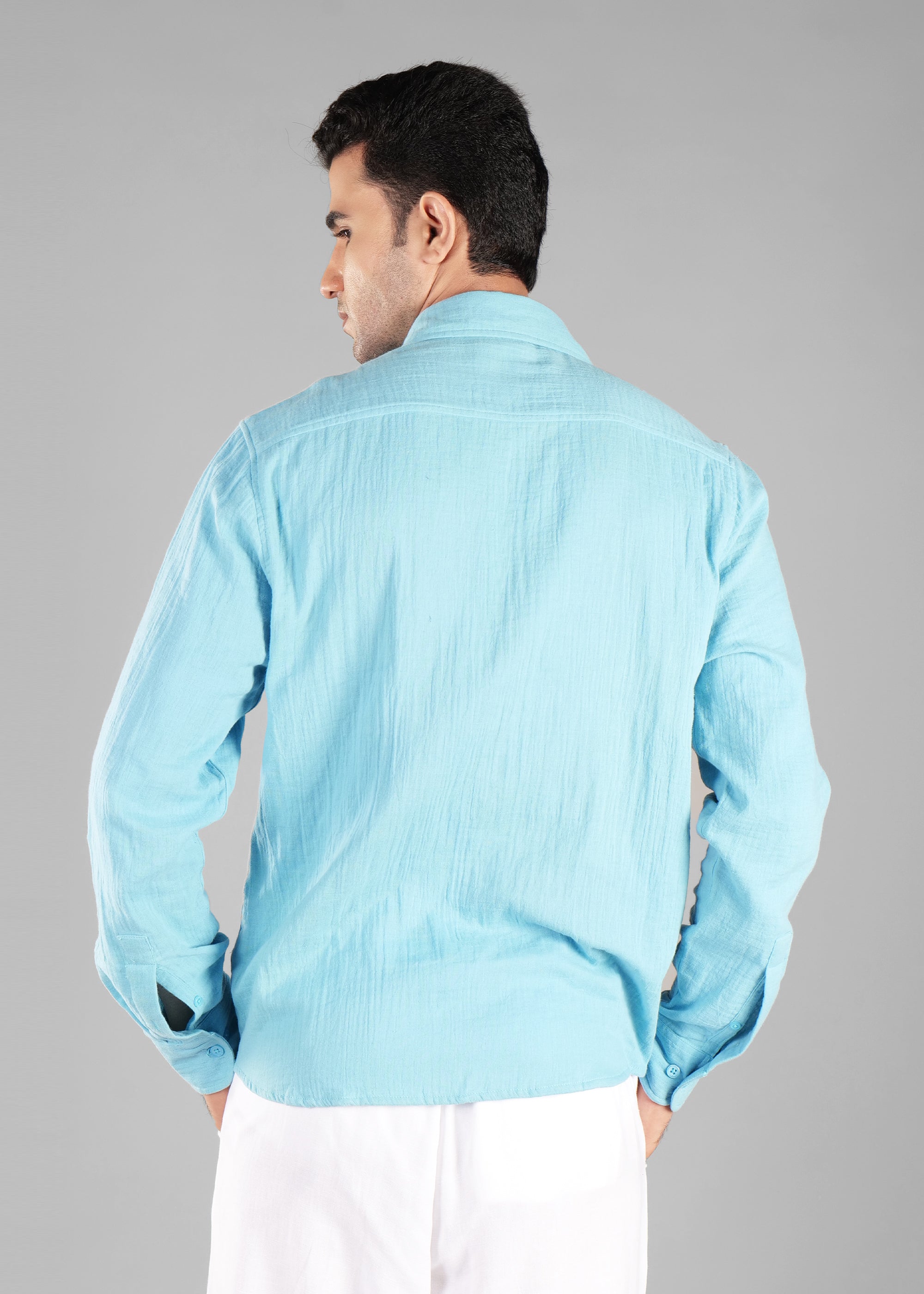 Soft Chambray Long Sleeve Crinkled Cotton Shirt for Men
