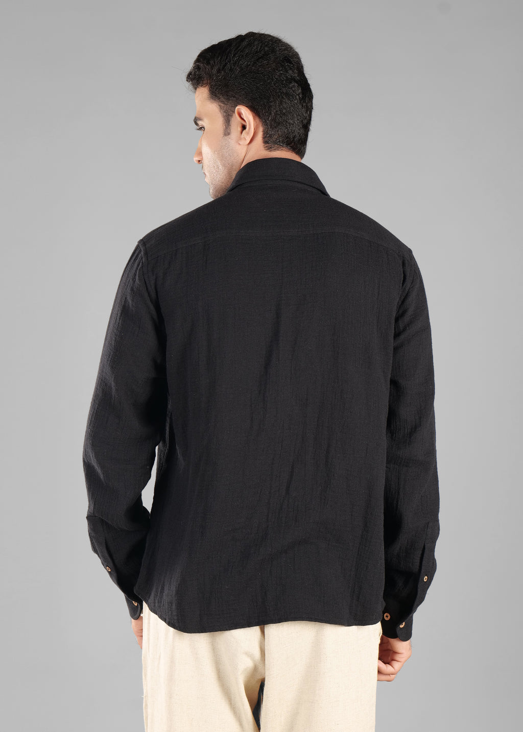 Black Long Sleeve Crinkled Cotton Shirt for Men