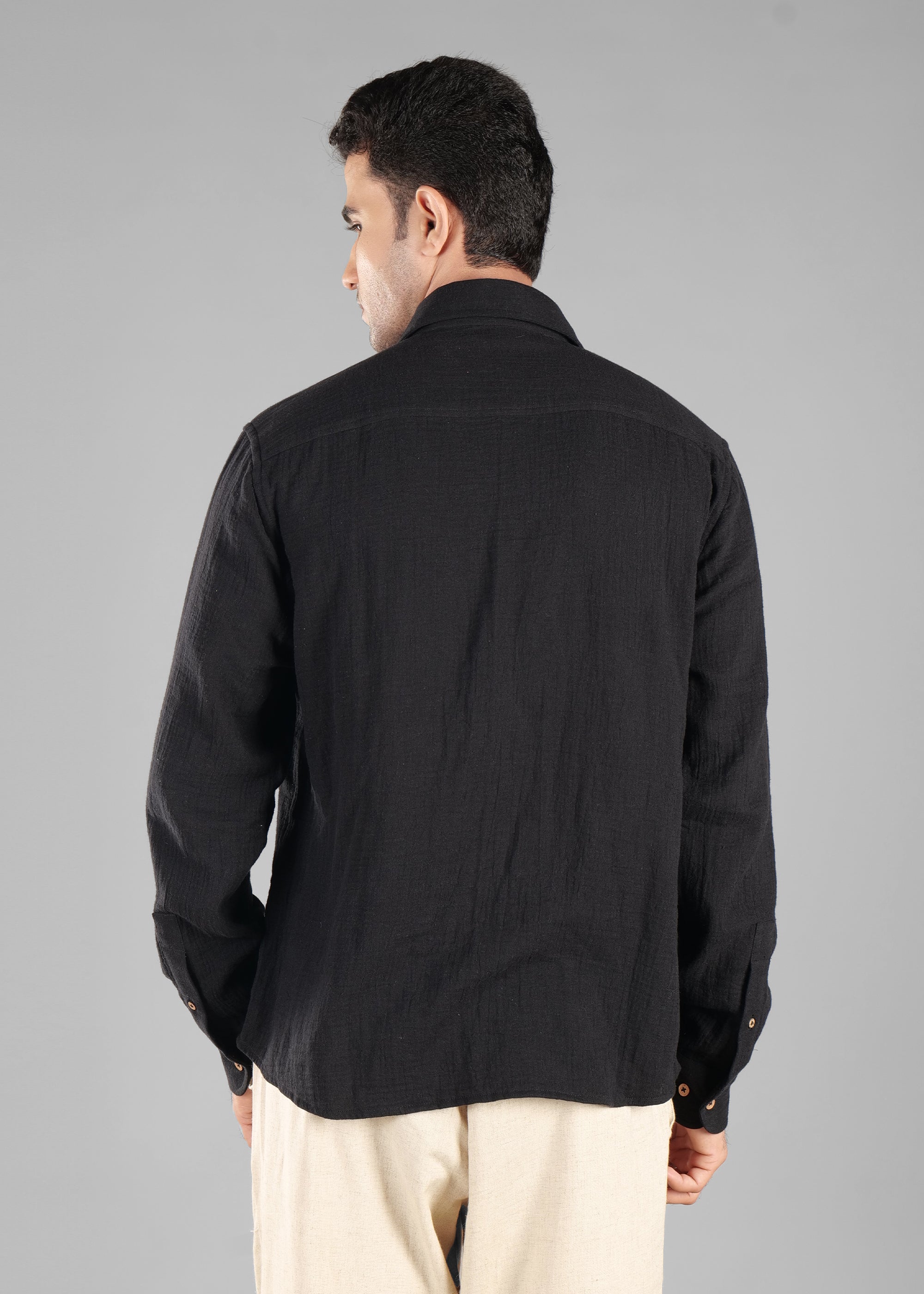 Black Long Sleeve Crinkled Cotton Shirt for Men