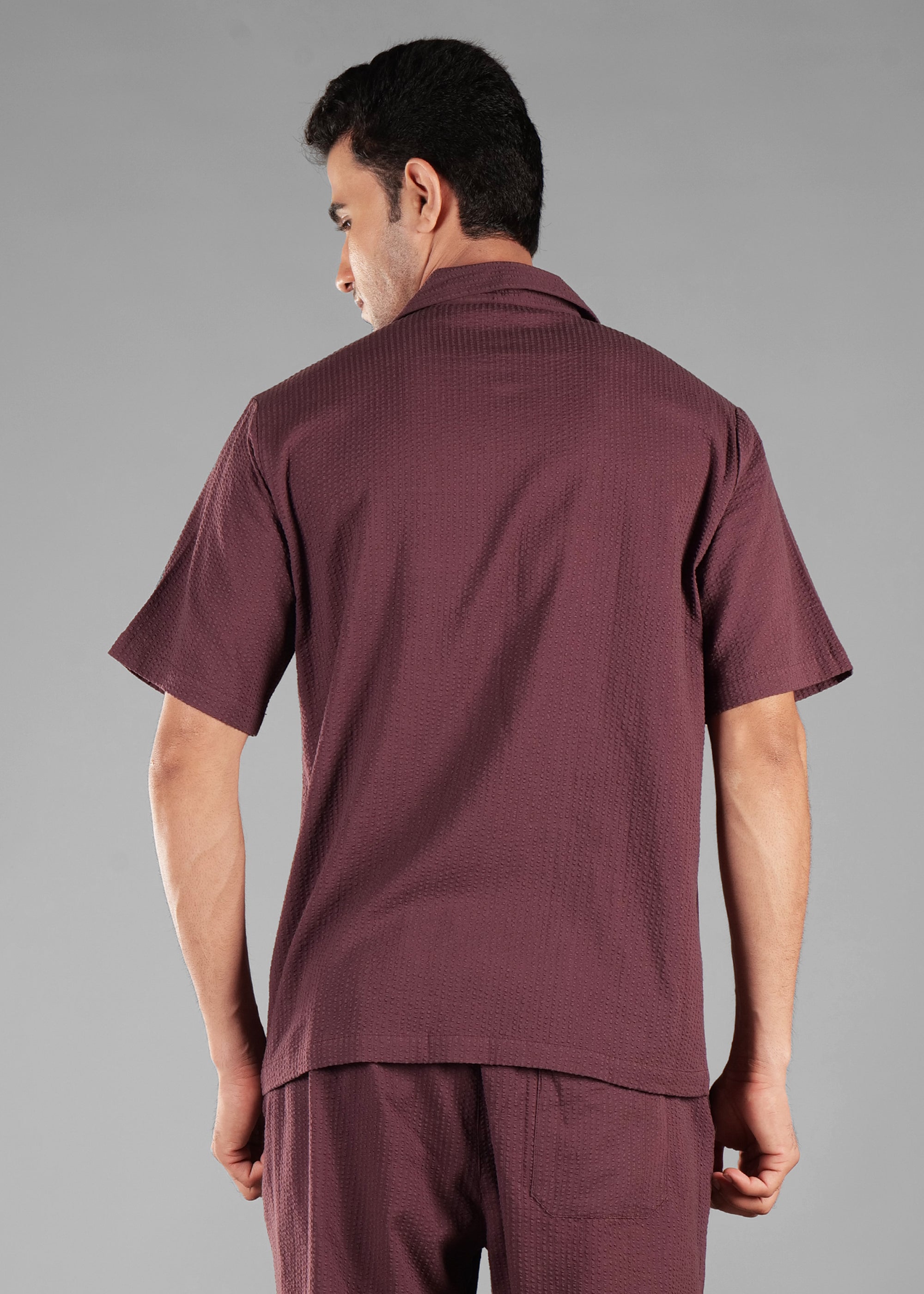 Coffee Bean Seersucker Textured Cuban Collar Shirt for Men
