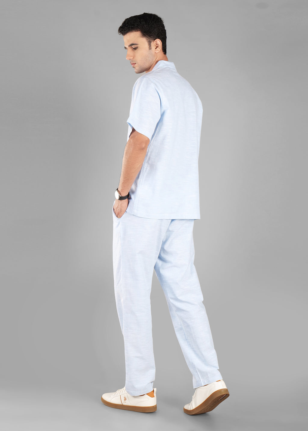 Sky Blue Linen-Blend Cuban Collar Co-ord Set for Men | Unhynged