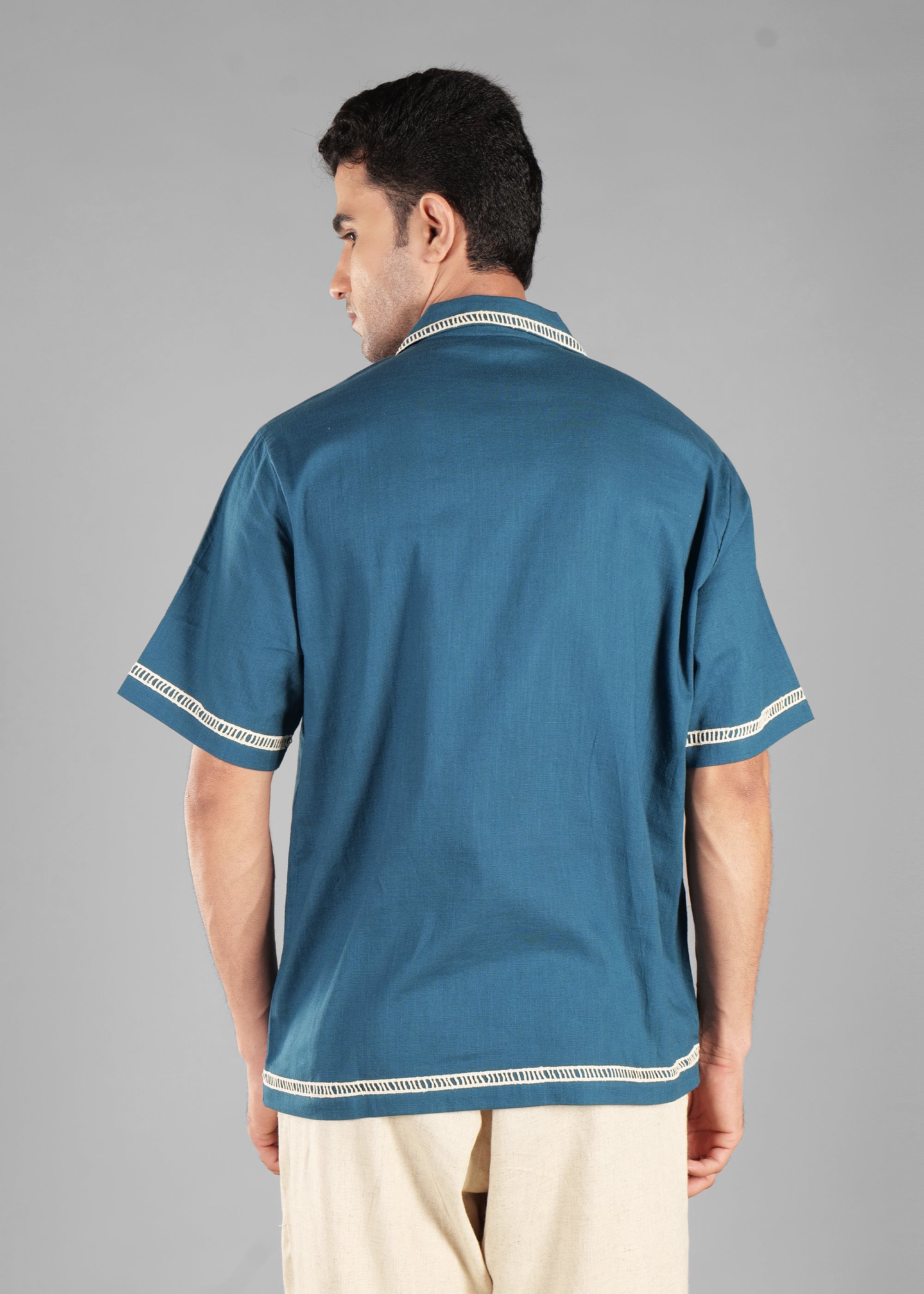 Harbour Blue Embroidered Cuban Collar Shirt for Men