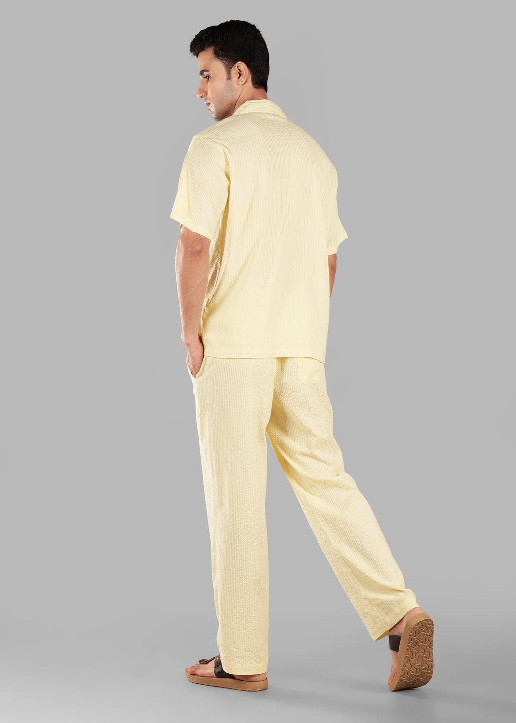 Butter Yellow Textured Cuban Collar Co-ord Set for Men | Stay Unhynged