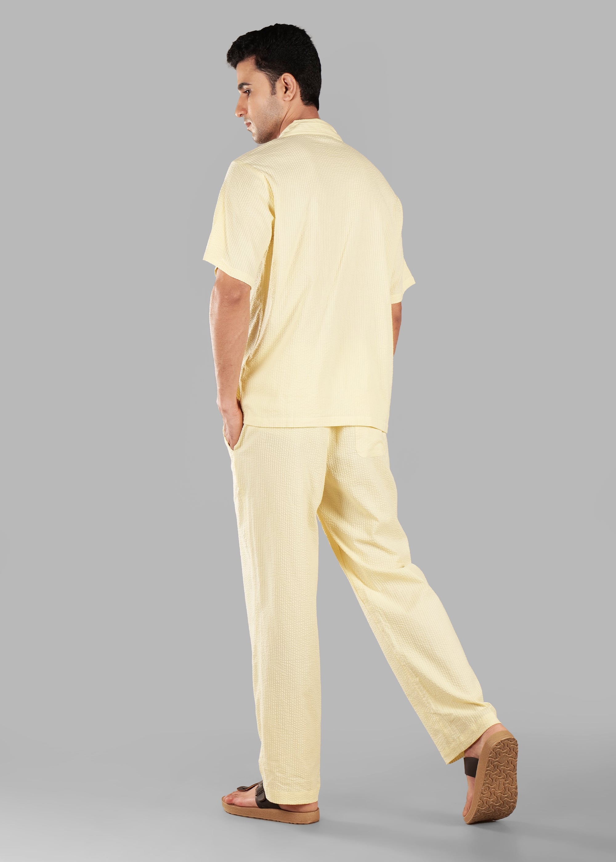 Butter Yellow Textured Cuban Collar Co-ord Set for Men | Stay Unhynged