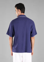 Navy Embroidered Cuban Collar Shirt for Men