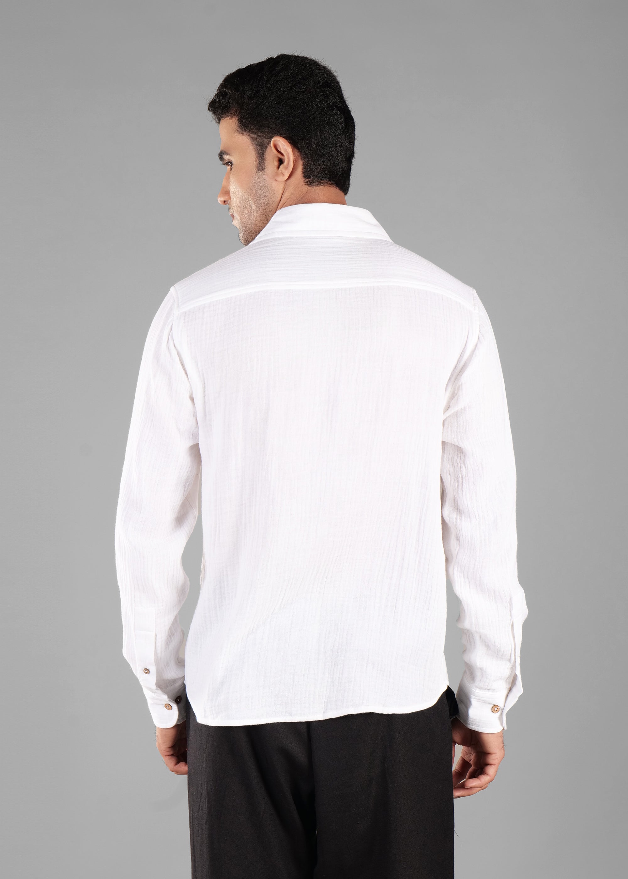 White Long Sleeve Crinkled Cotton Shirt for Men