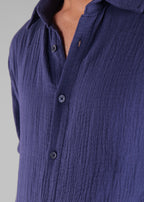 Navy Long Sleeve Crinkled Cotton Shirt for Men
