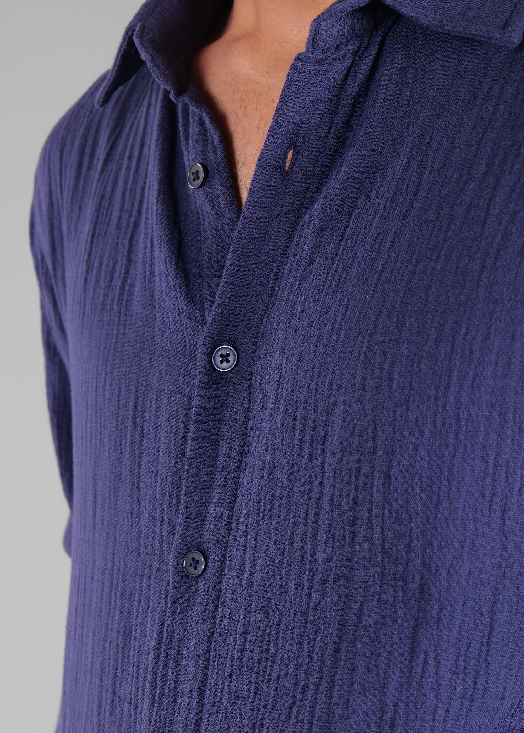 Navy Long Sleeve Crinkled Cotton Shirt for Men