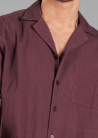 Coffee Bean Seersucker Textured Cuban Collar Shirt for Men