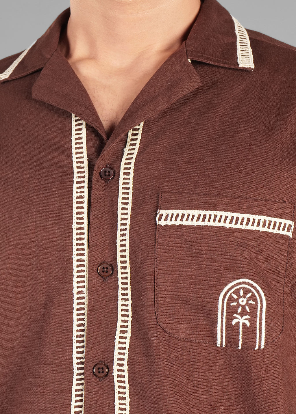 Coffee Bean Embroidered Cuban Collar Shirt for Men