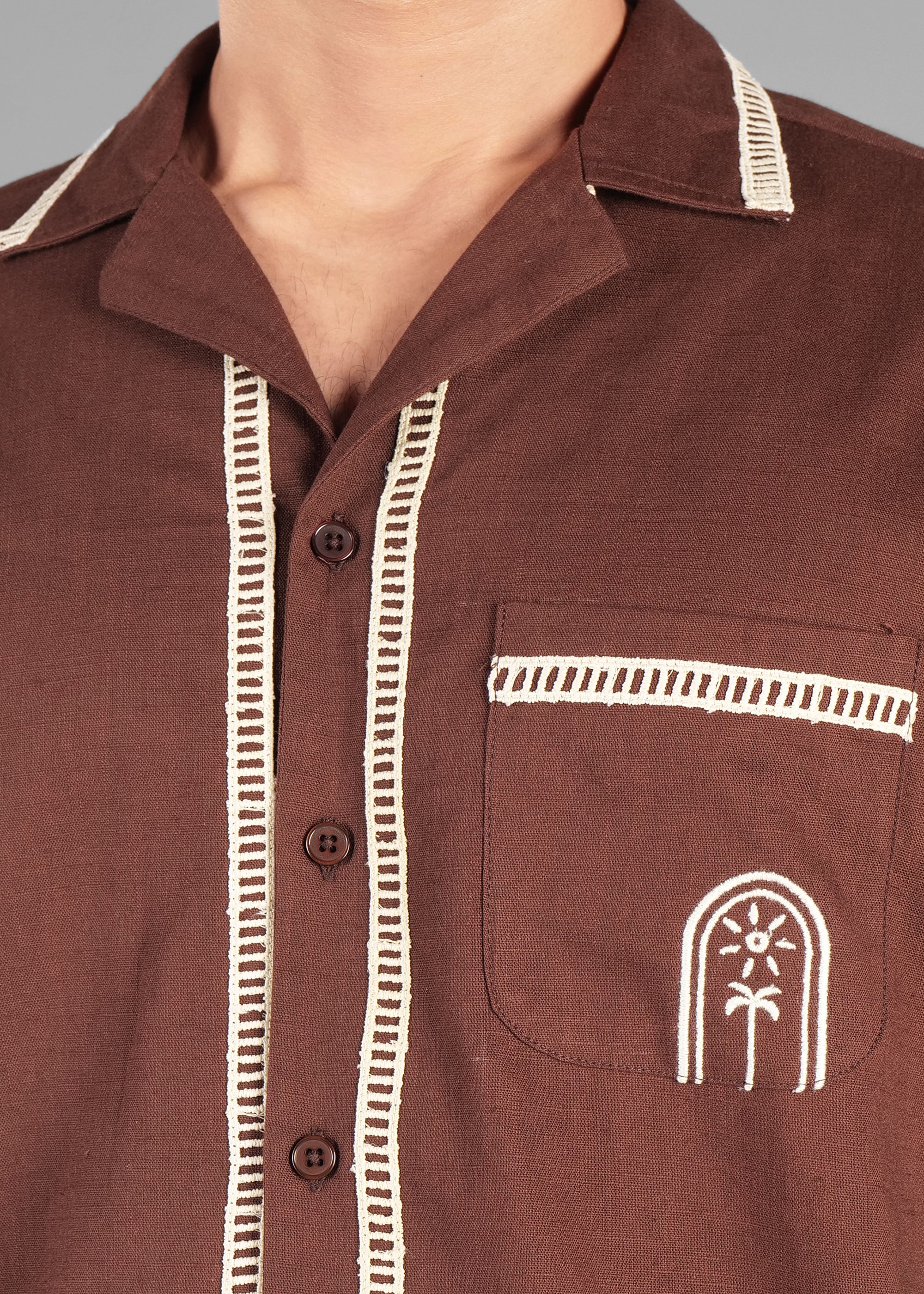 Coffee Bean Embroidered Cuban Collar Shirt for Men