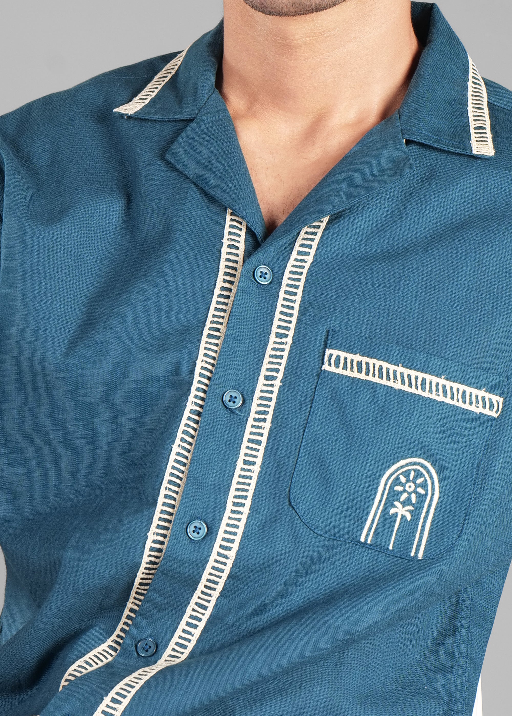 Harbour Blue Embroidered Cuban Collar Shirt for Men